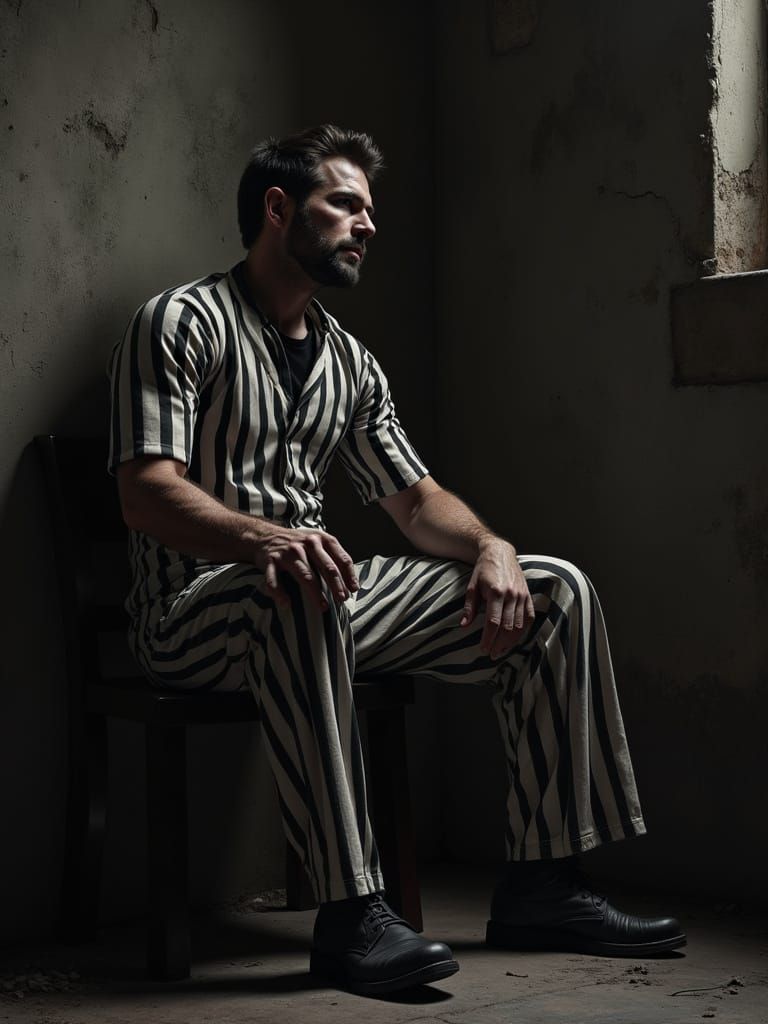 Convict in Prison Cell: Gritty Realism in Chiaroscuro Style