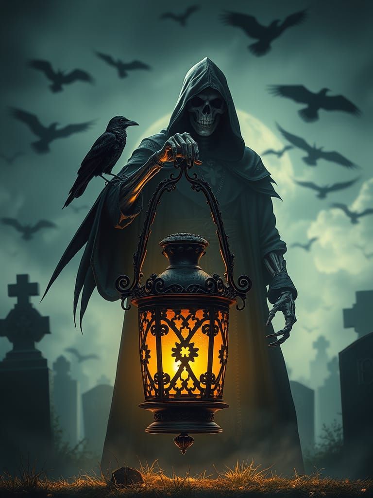 Gothic Lantern Illuminates Death in Misty Cemetery