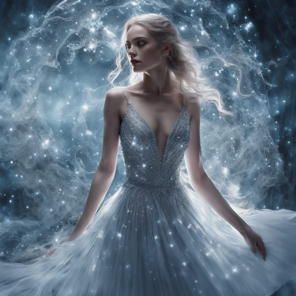 A breathtakingly gorgeous woman moves gracefully through a minimal, dreamlike space bathed in cool silvery moonlight. Sh...