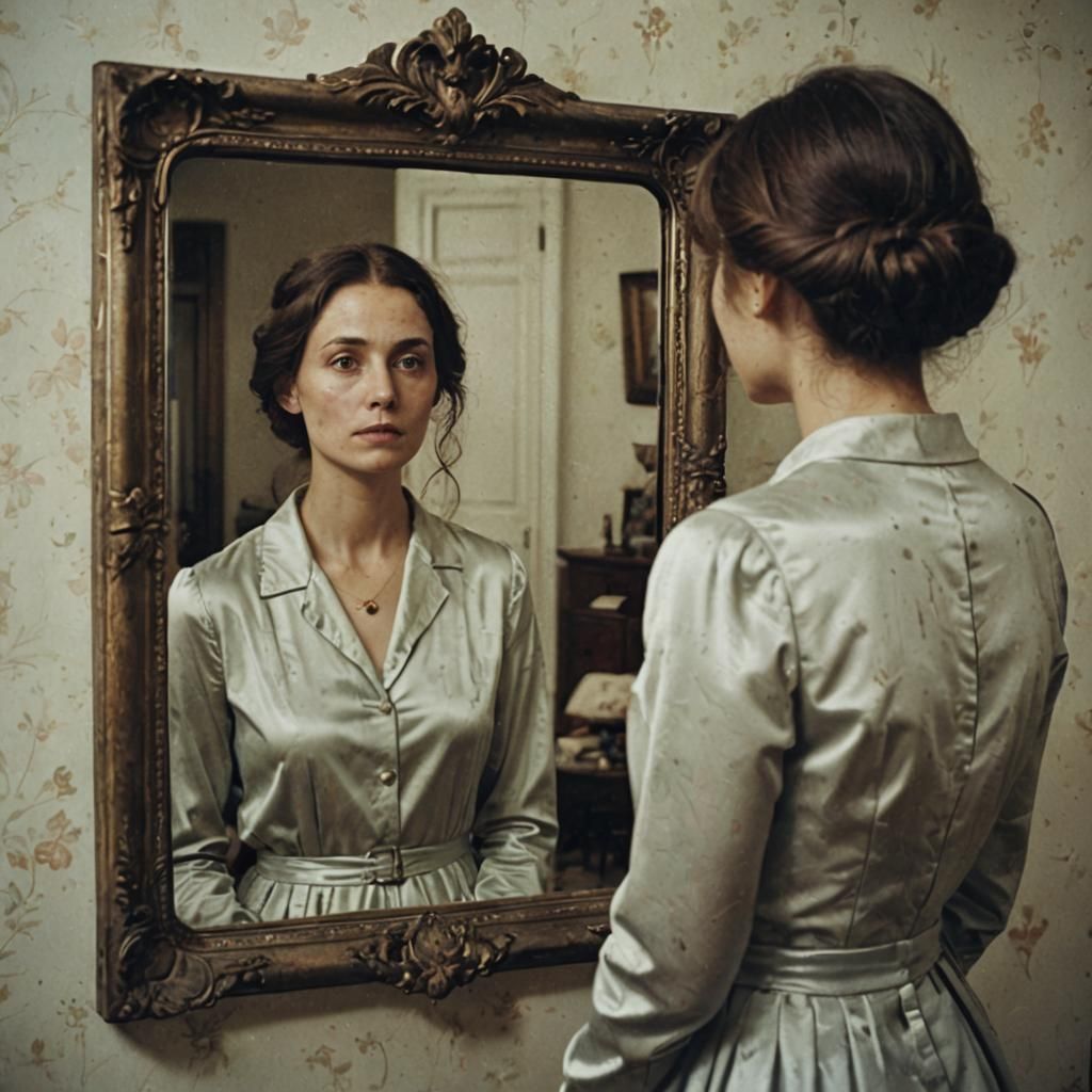 Woman Reflecting on Her Past in a Mirror