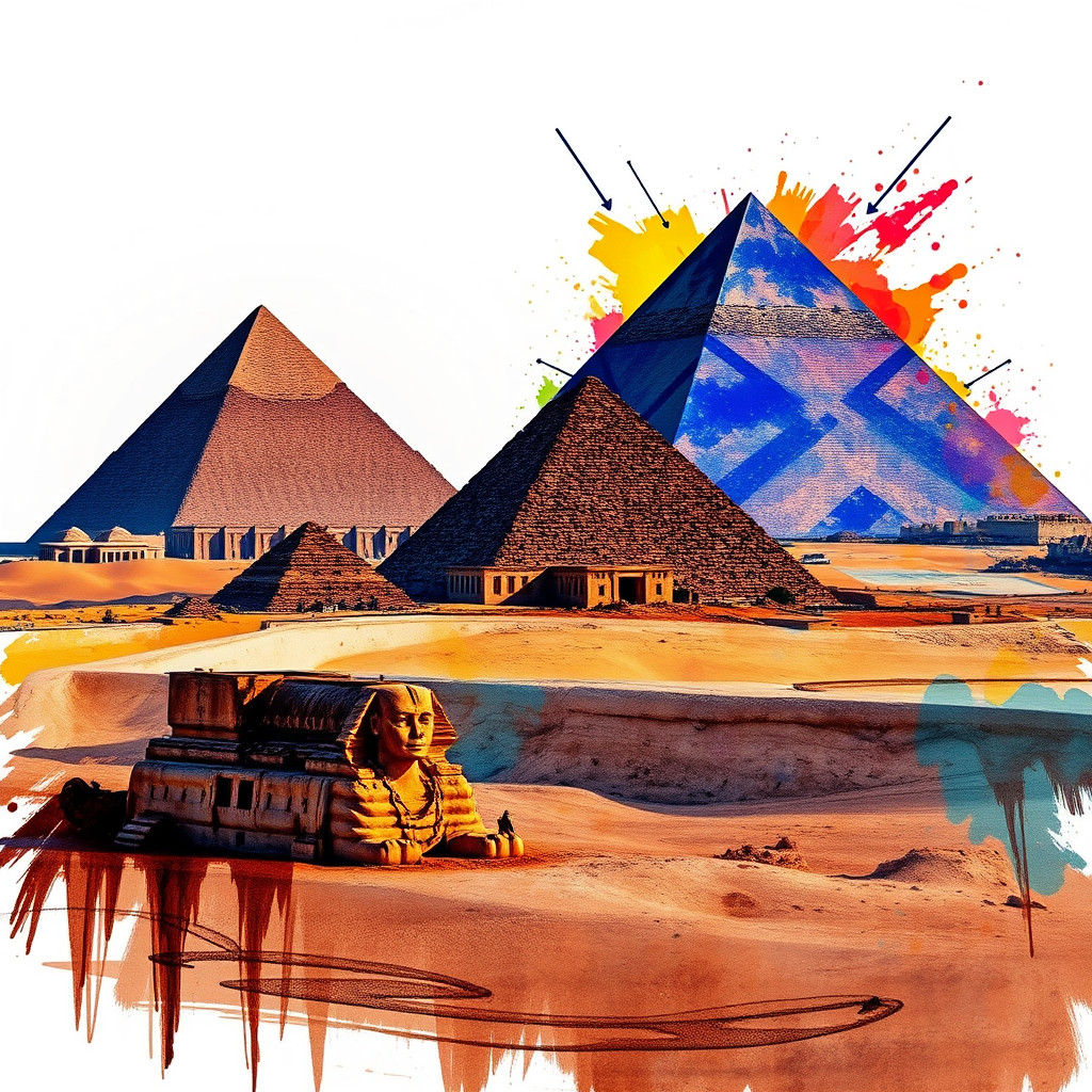 Egyptian Pyramids with Colorful Ink Sketch Overlay