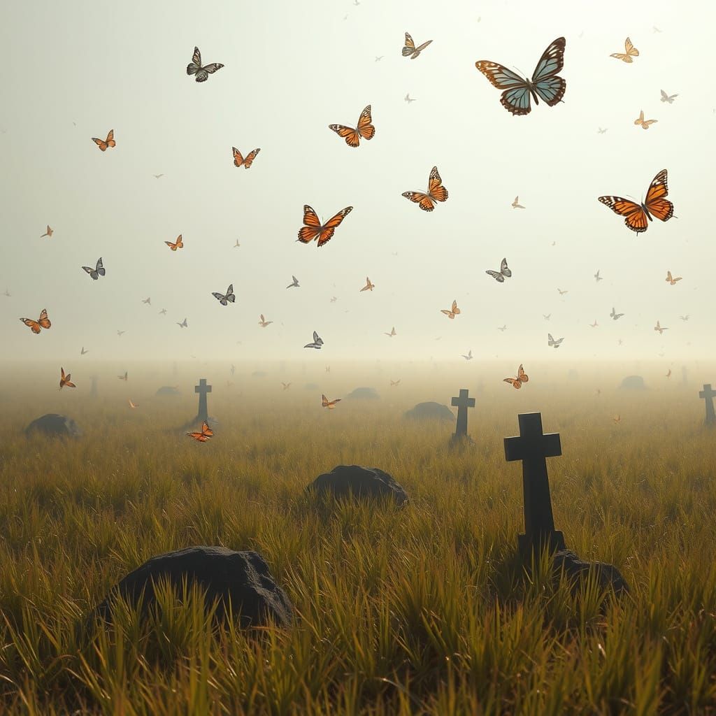Surreal Field With Butterflies and Graves in Hazy Light