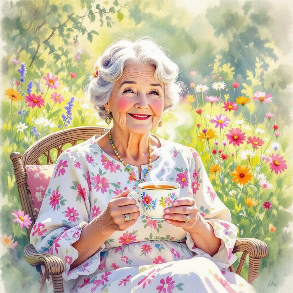 Elderly Woman in Sunlit Garden, Watercolor Style