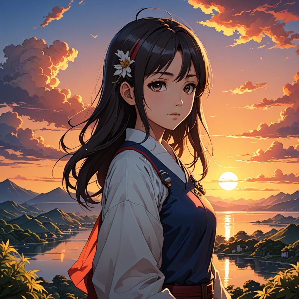 Anime Sunset in Vibrant Watercolor