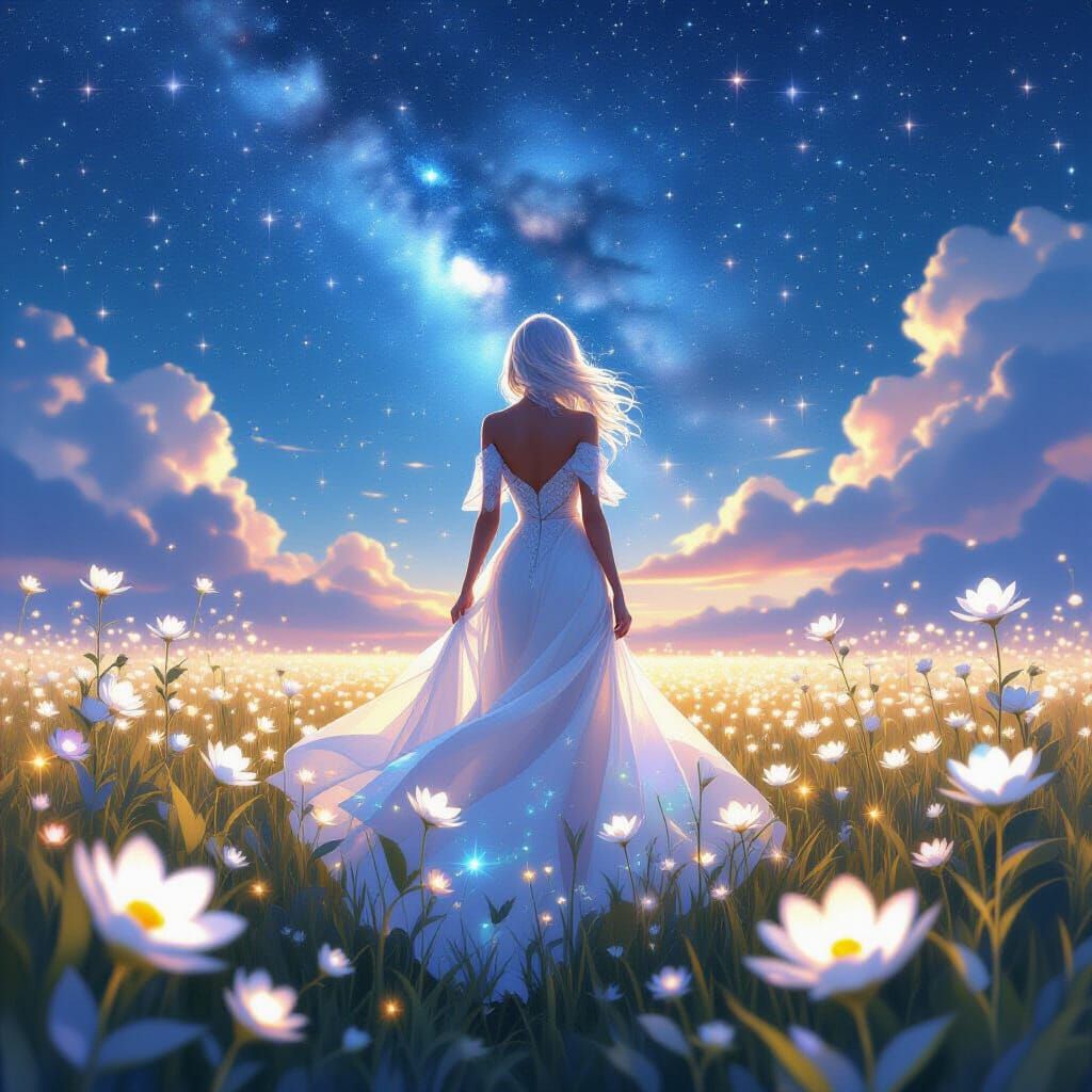 Ethereal Stardust Figure in Astral Flower Field