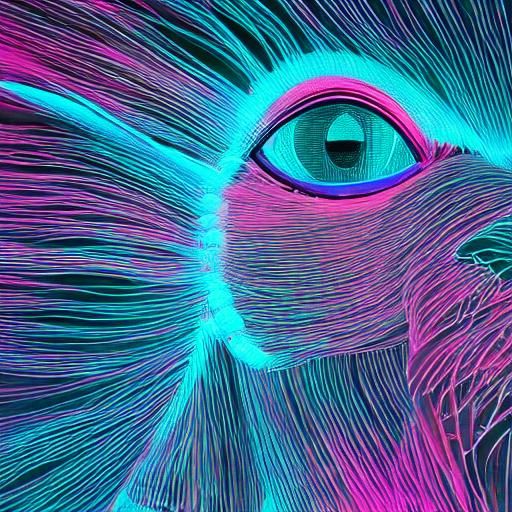 Neon Wireframe Dog with Nebulous Eyes in 3D