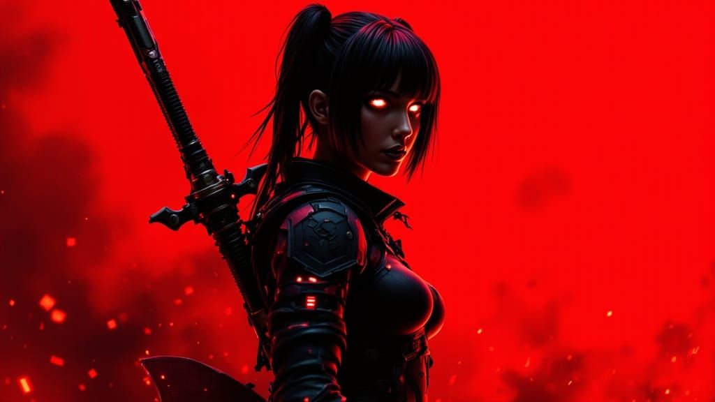 Glitching Cyberpunk Zombie Warrior in a Smoky Red Haze