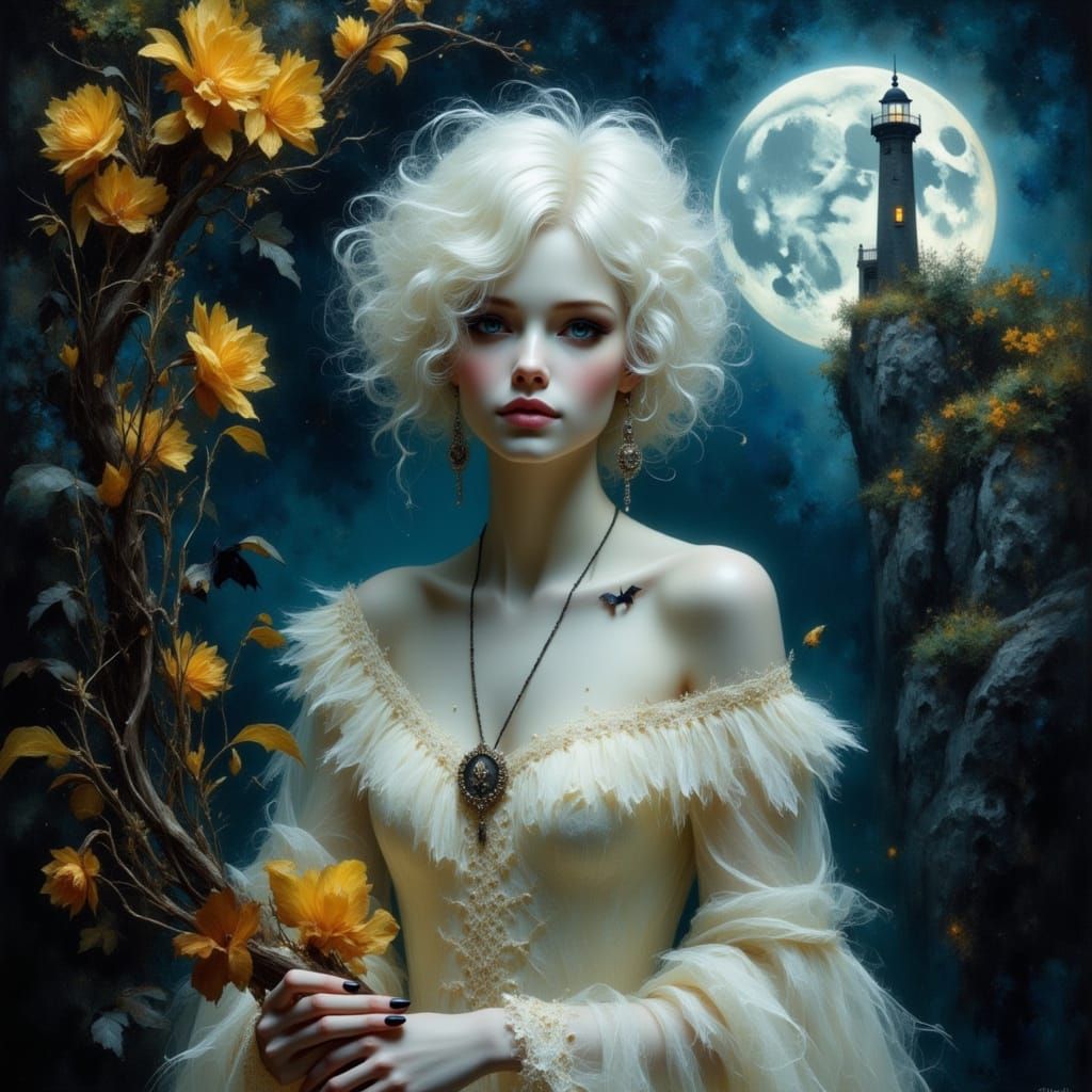 Gothic Vampire with Bat by Lighthouse in Dreamy Style