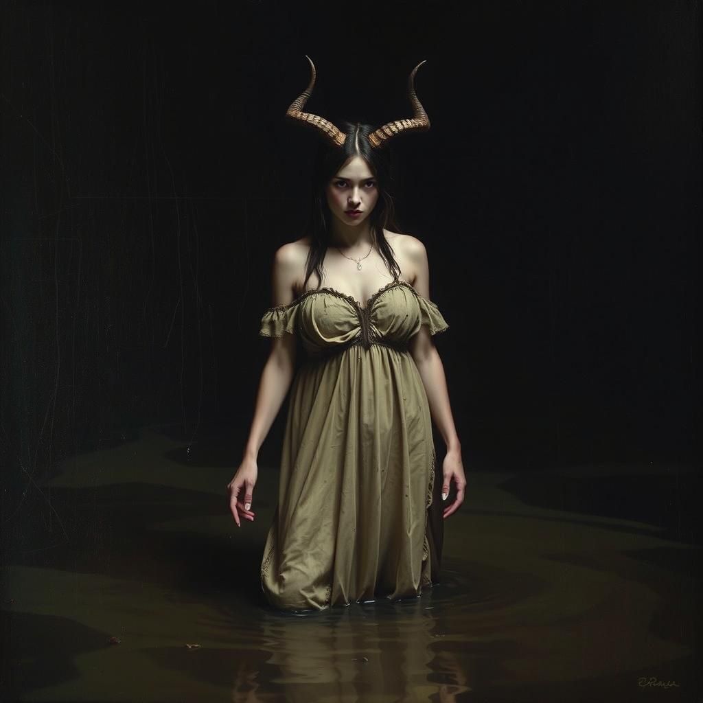 Chiaroscuro Painting of Horned Woman in Bog
