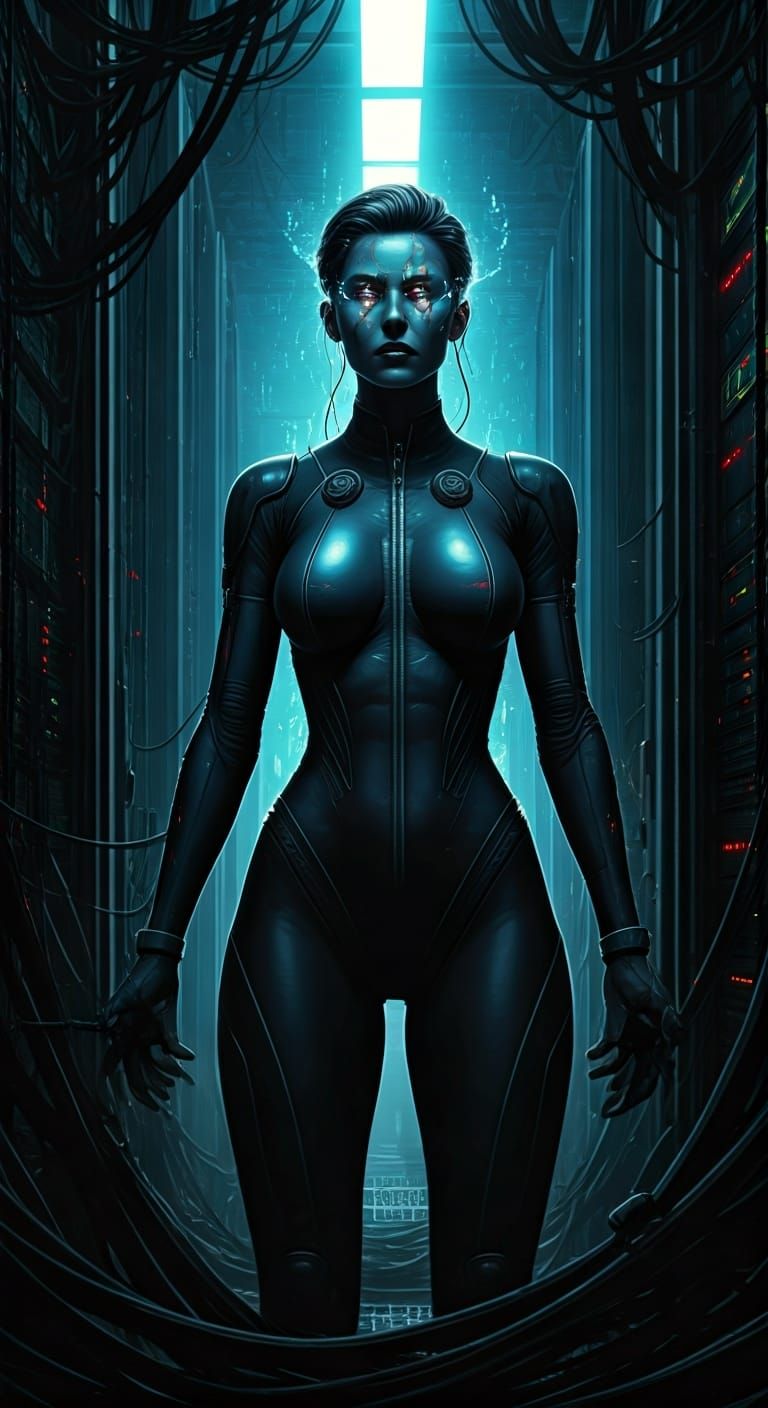 Data Wraith Supervillainess in Cyberpunk Server Room