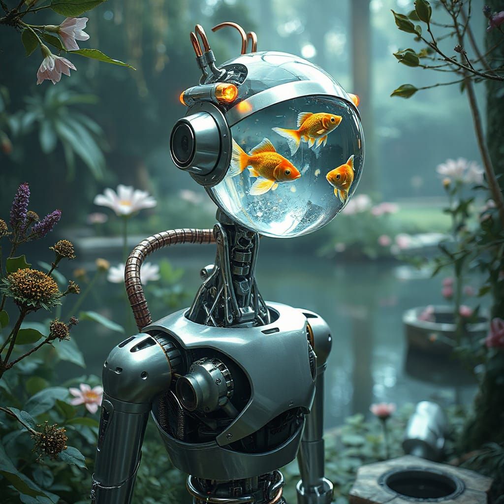 Futuristic Robot in Garden with Aquatic Head