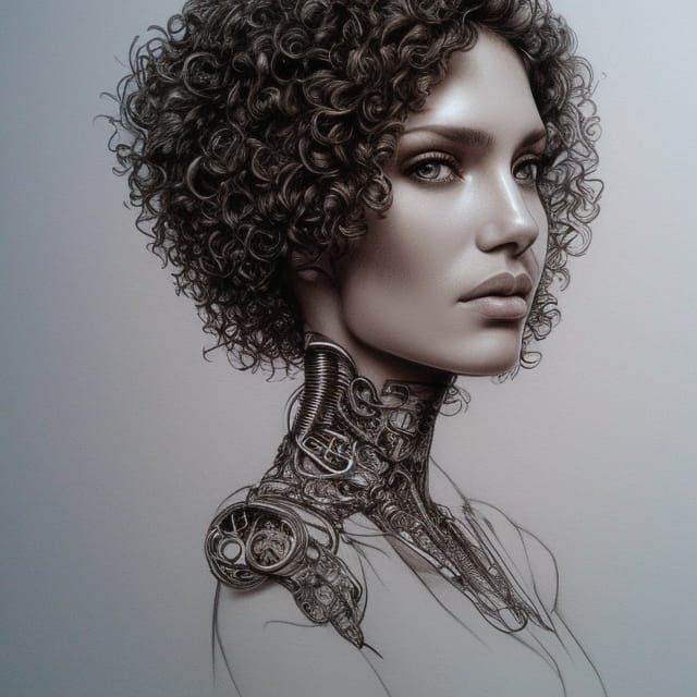 Detailed Pencil Sketch: Cybernetic Brunette Portrait
