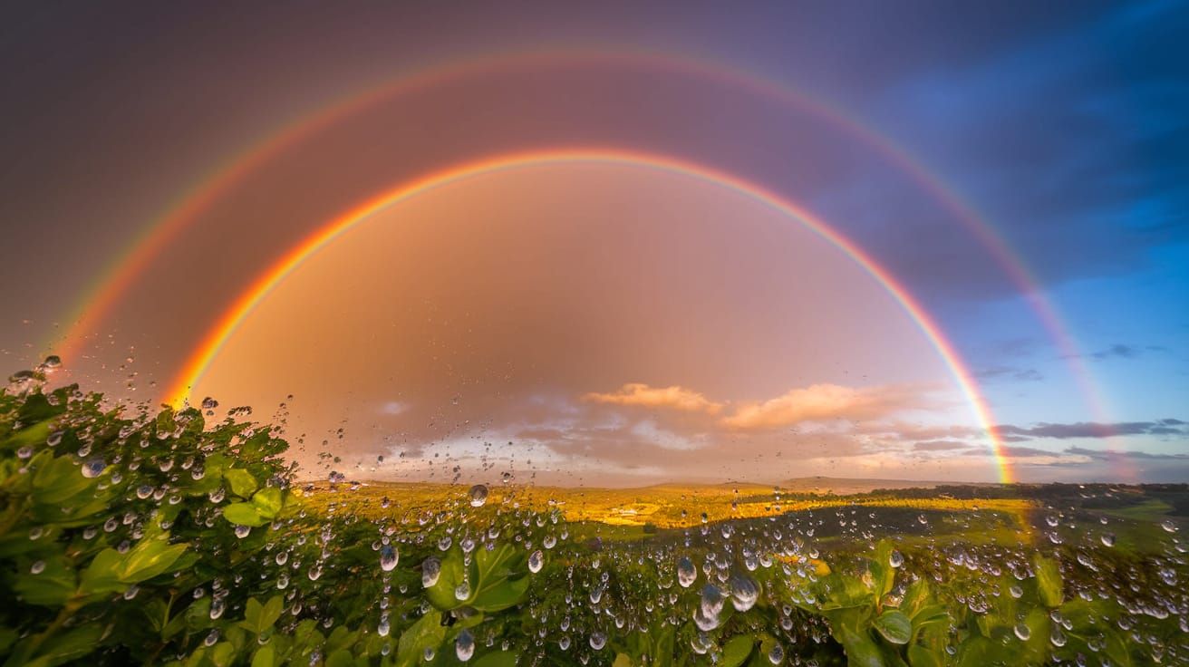 Vibrant Rainbow Arches Over Tranquil Post-Storm Landscape