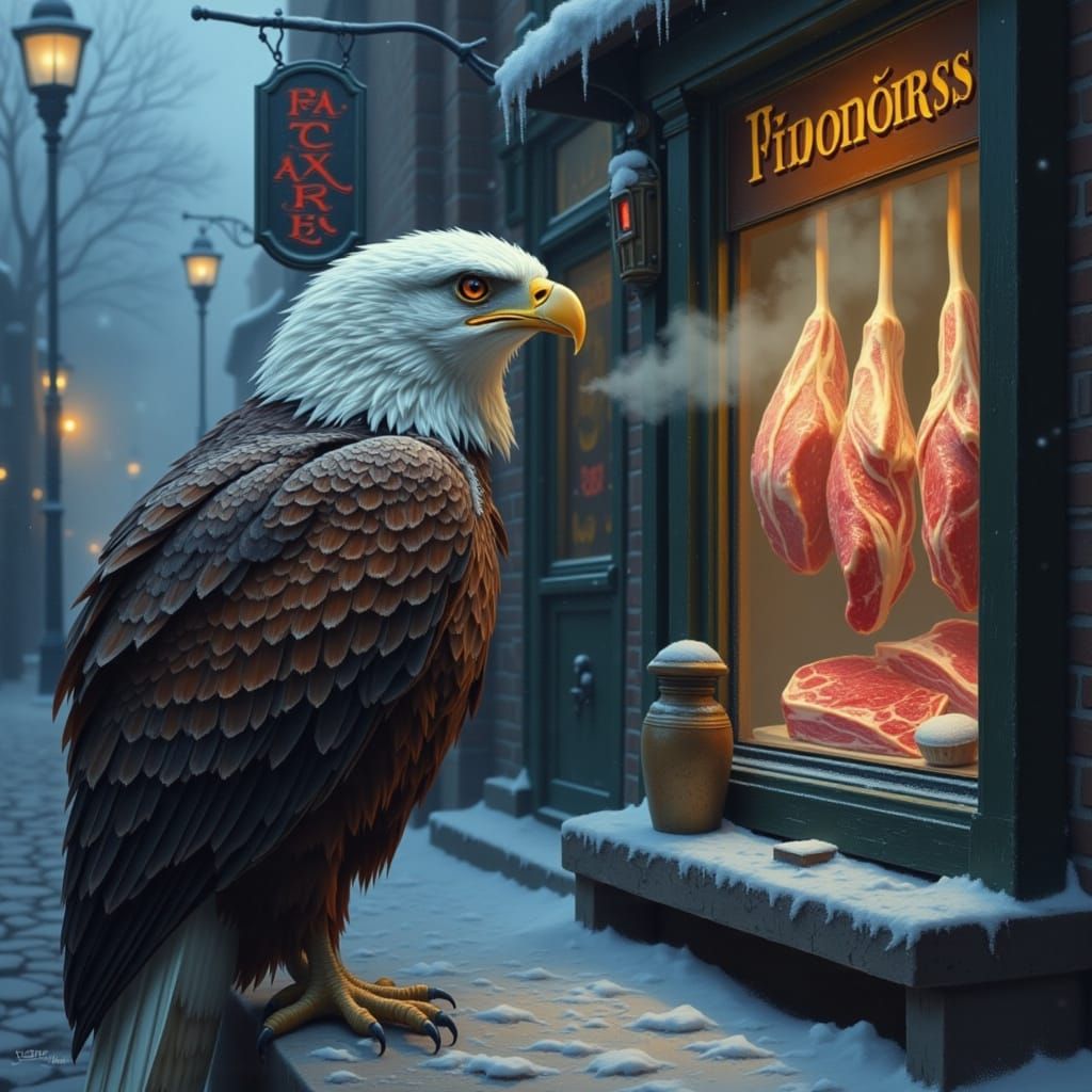 Eagle Stares Into Snowy Butcher Shop Window Oil Painting