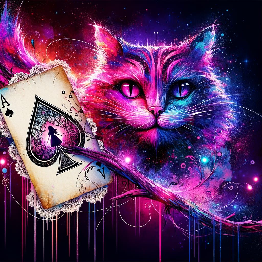 Neon Cheshire Cat Light Sculpture in Splash Art Style