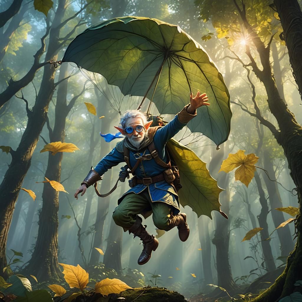 Elf Parachuting with Leaf in Misty Forest