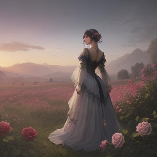 Watercolor Meadow at Dawn with Roses