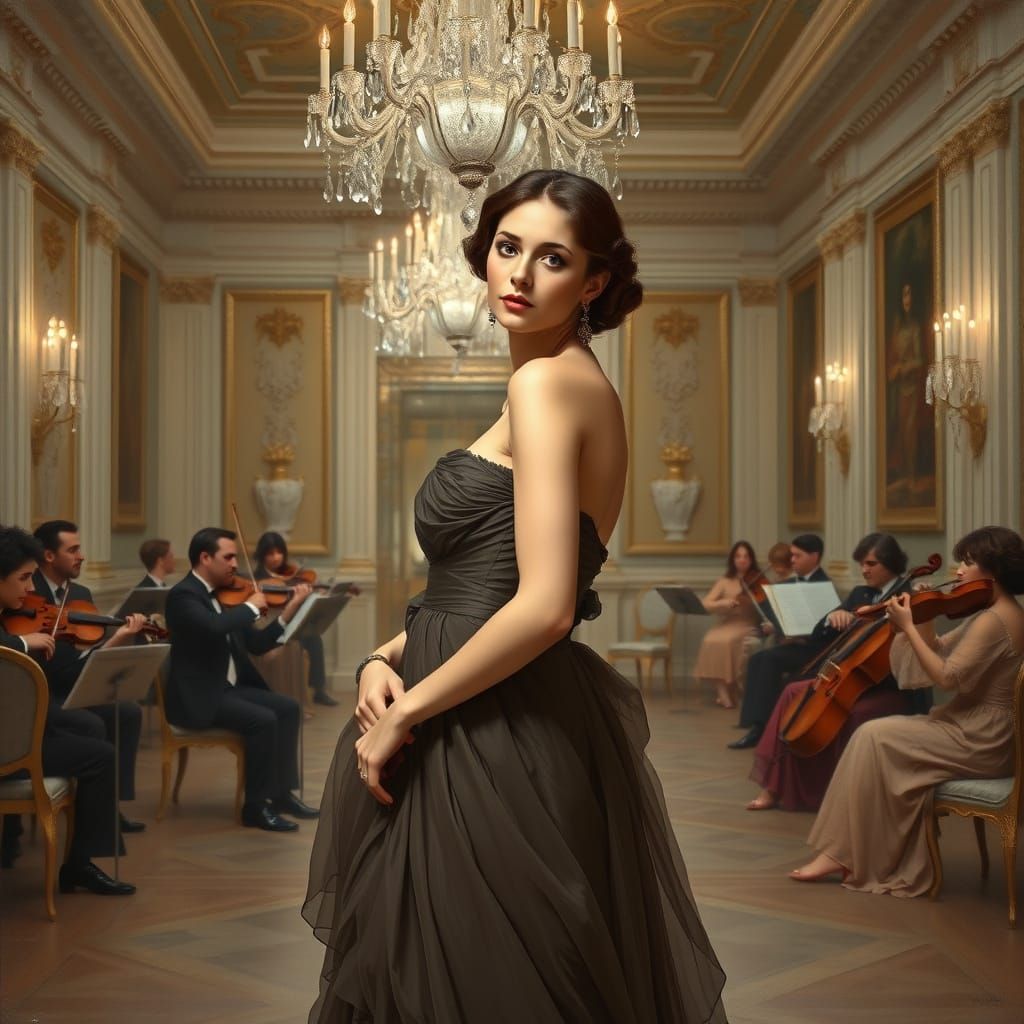 Elegant Woman's Portrait in Grand Ballroom, Classic Style