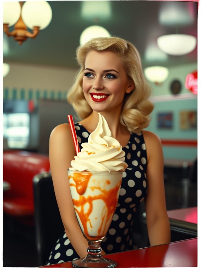 Pin-Up Girl with Sundae in 1950s Diner