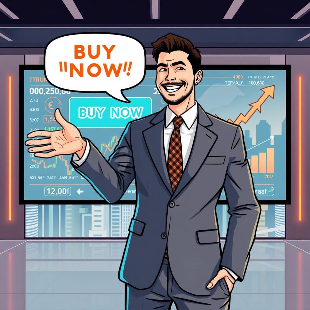 Confident Man Selling Crypto: Futuristic Illustration