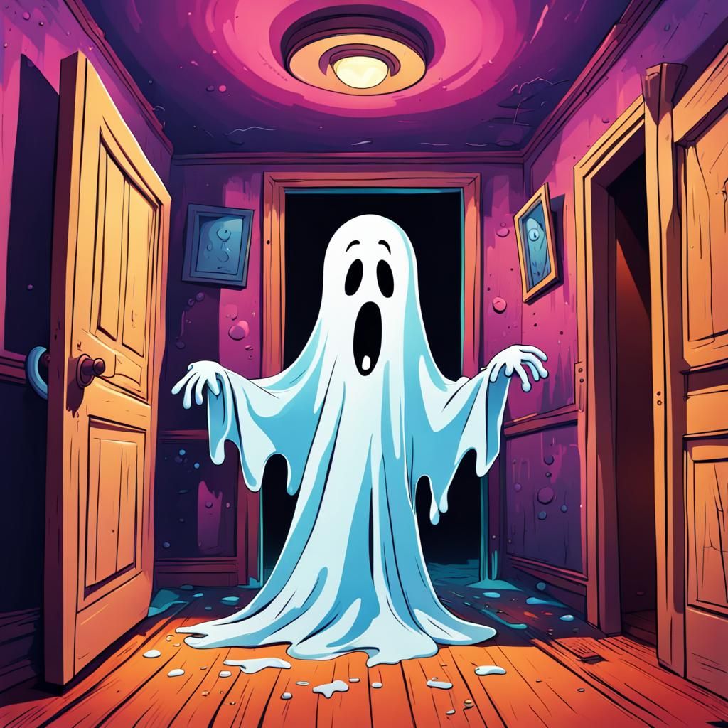 Frightened Cartoon Ghost in Hyperrealistic Haunted House