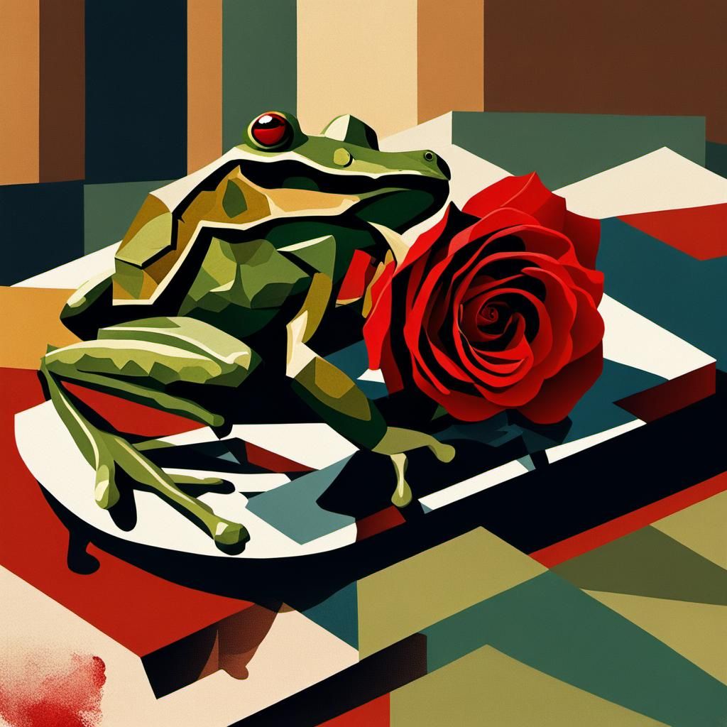 Cubist Still Life: Red Rose and Anxious Frog