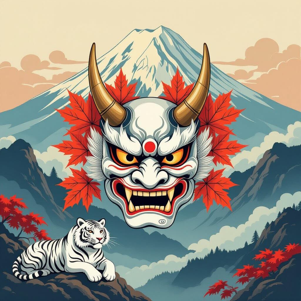 Tengu Mask with Tiger in Japanese Art Style