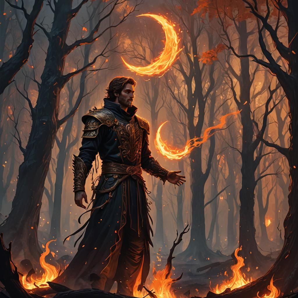 Fantasy Figure Amidst Flames in Dark Forest