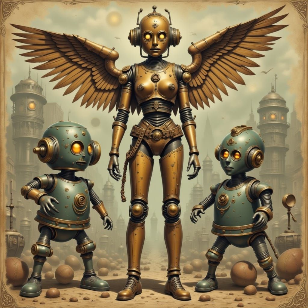 Vintage Pirate Angel with Dieselpunk Robots in Dystopian Sty...