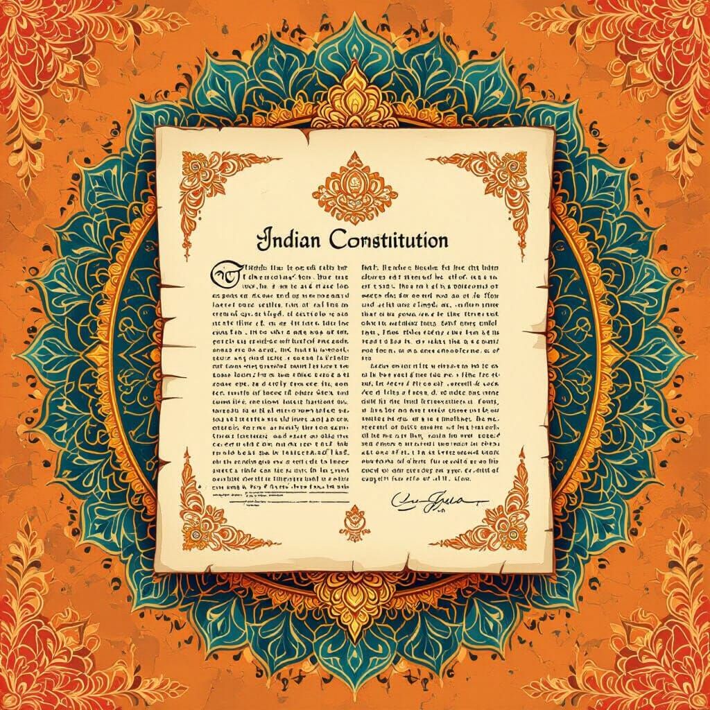 Indian Constitution Document: Golden Filigree & Saffron Hues