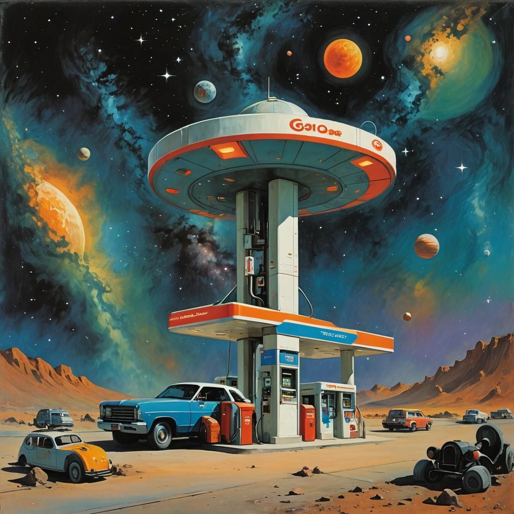 Sci-Fi Gas Station in Odilon Redon Style