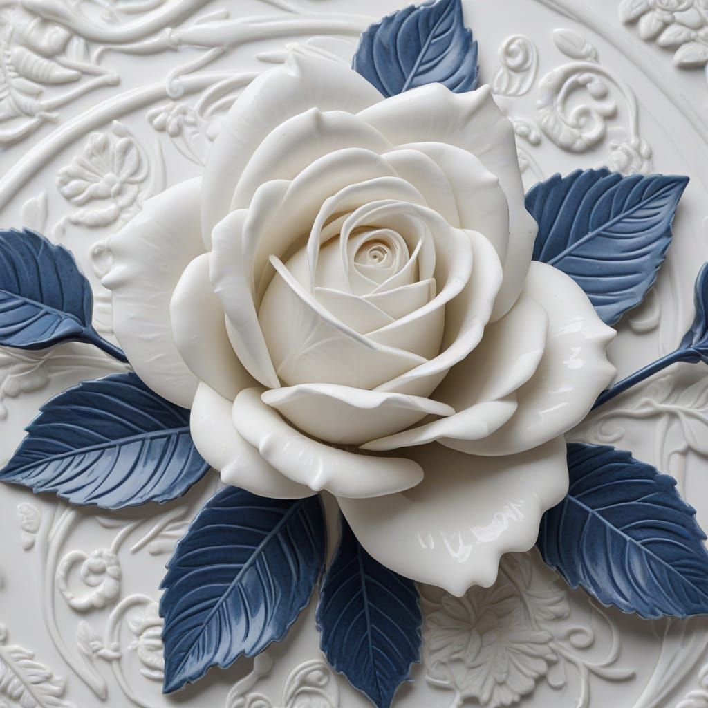 Delicate White Porcelain Rose in Intricate Blue Floral Patte...