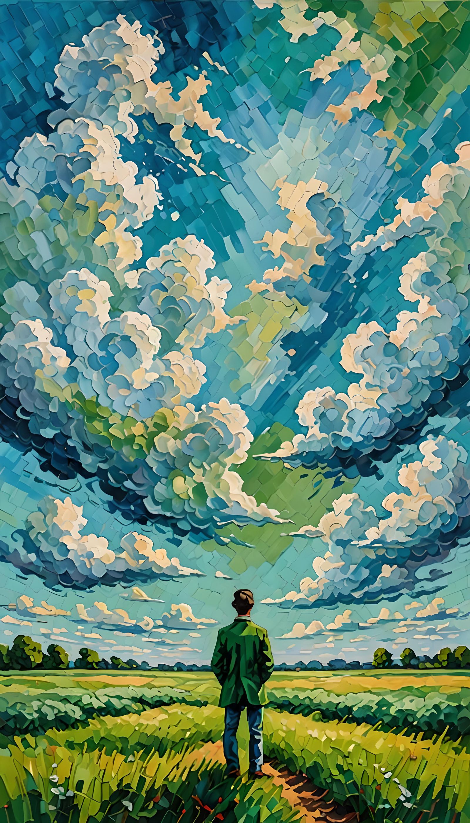 Lush Green Field: Neo-Impressionist Expressionist Oil Painti...