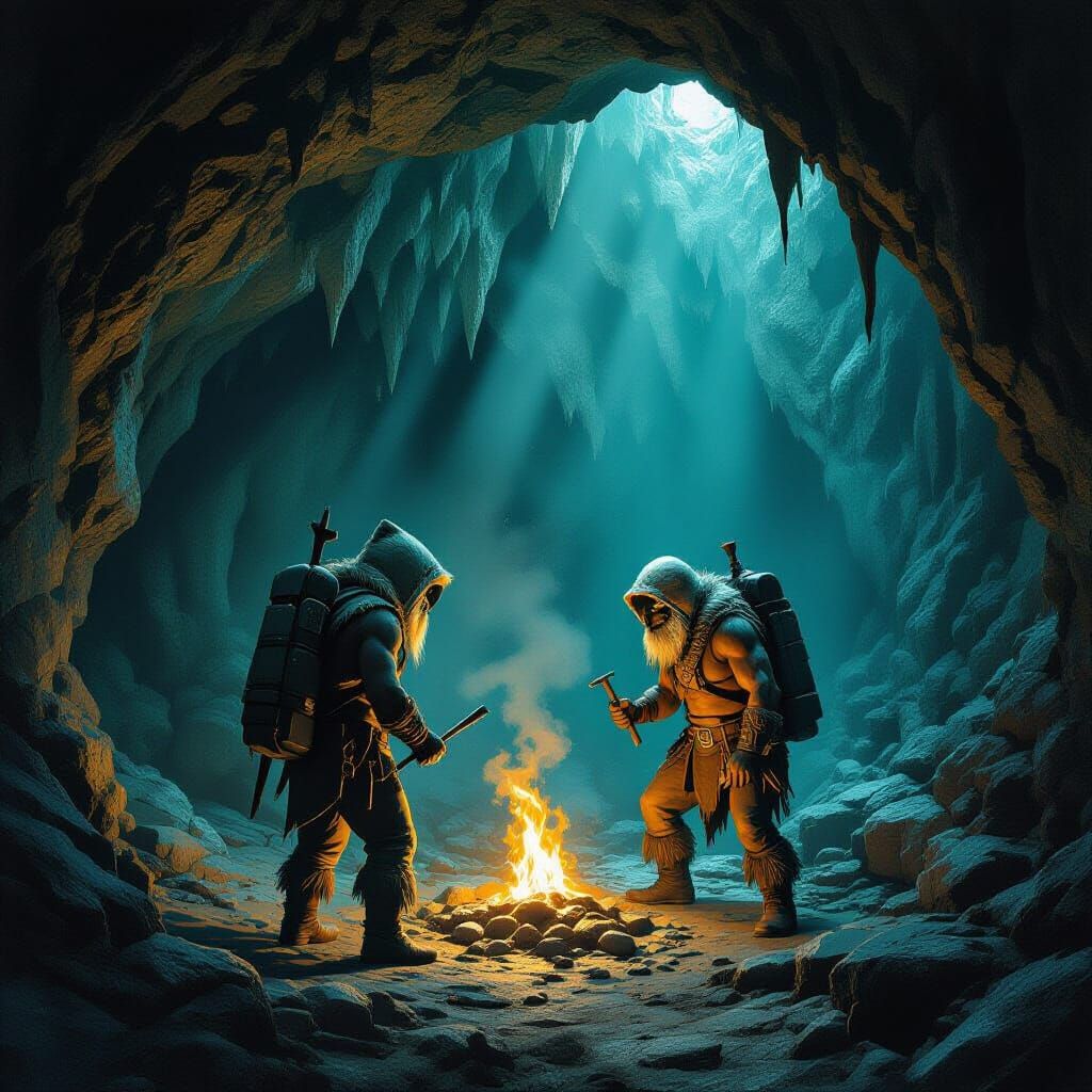 Cavemen in a Dark and Mysterious Cavern