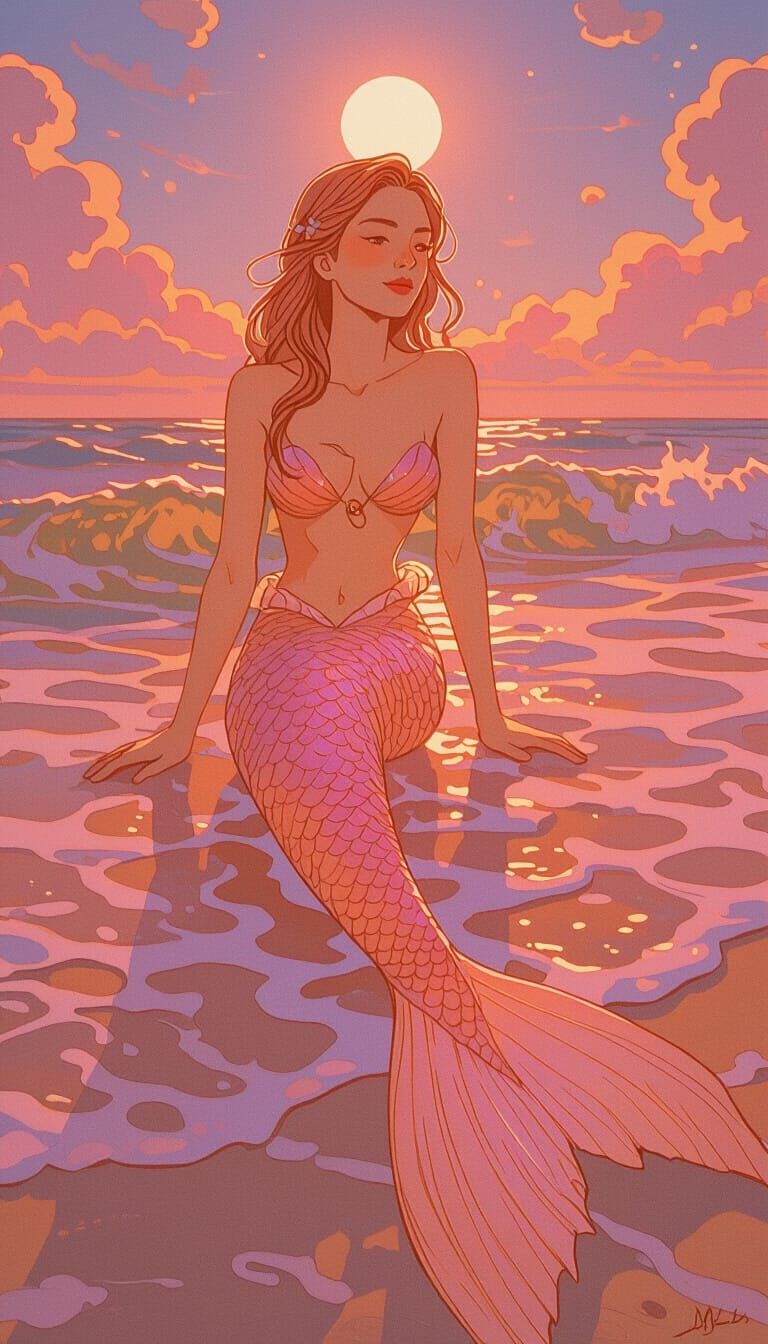 Mermaid on Sunny Beach in Digital Art Style