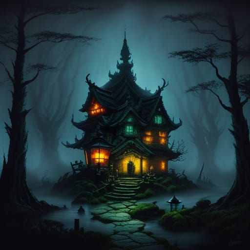 Fantasy Village Haunted by Yokai and Trolls in Vibrant Oil P...