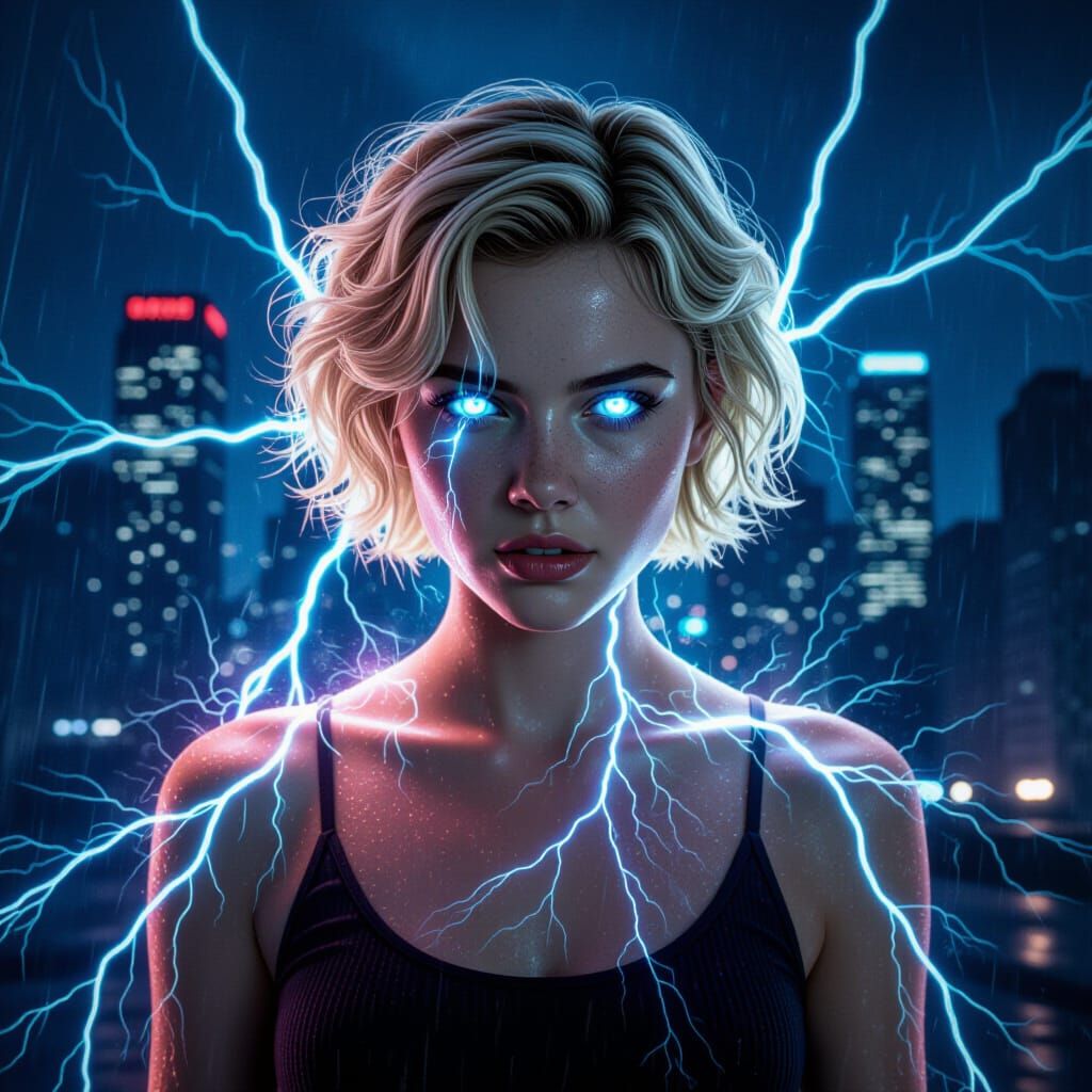 Young Woman Bathed in Electric Power in Dark Cityscape