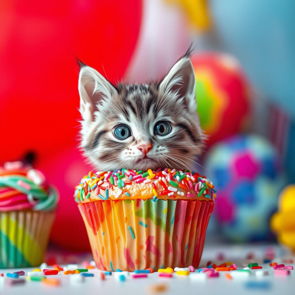 Kitty Peeks Out From Cupcake at Birthday Party