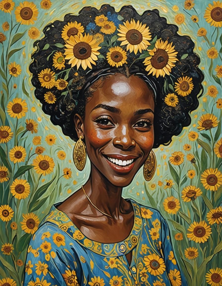 Smiling African Woman in Whimsical, Colorful Style