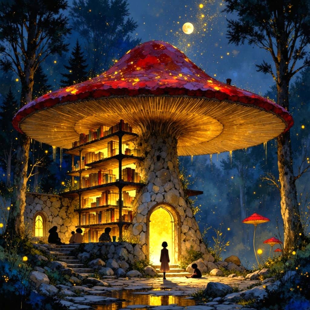 Magical Mushroom Library at Night in Children's Book Style