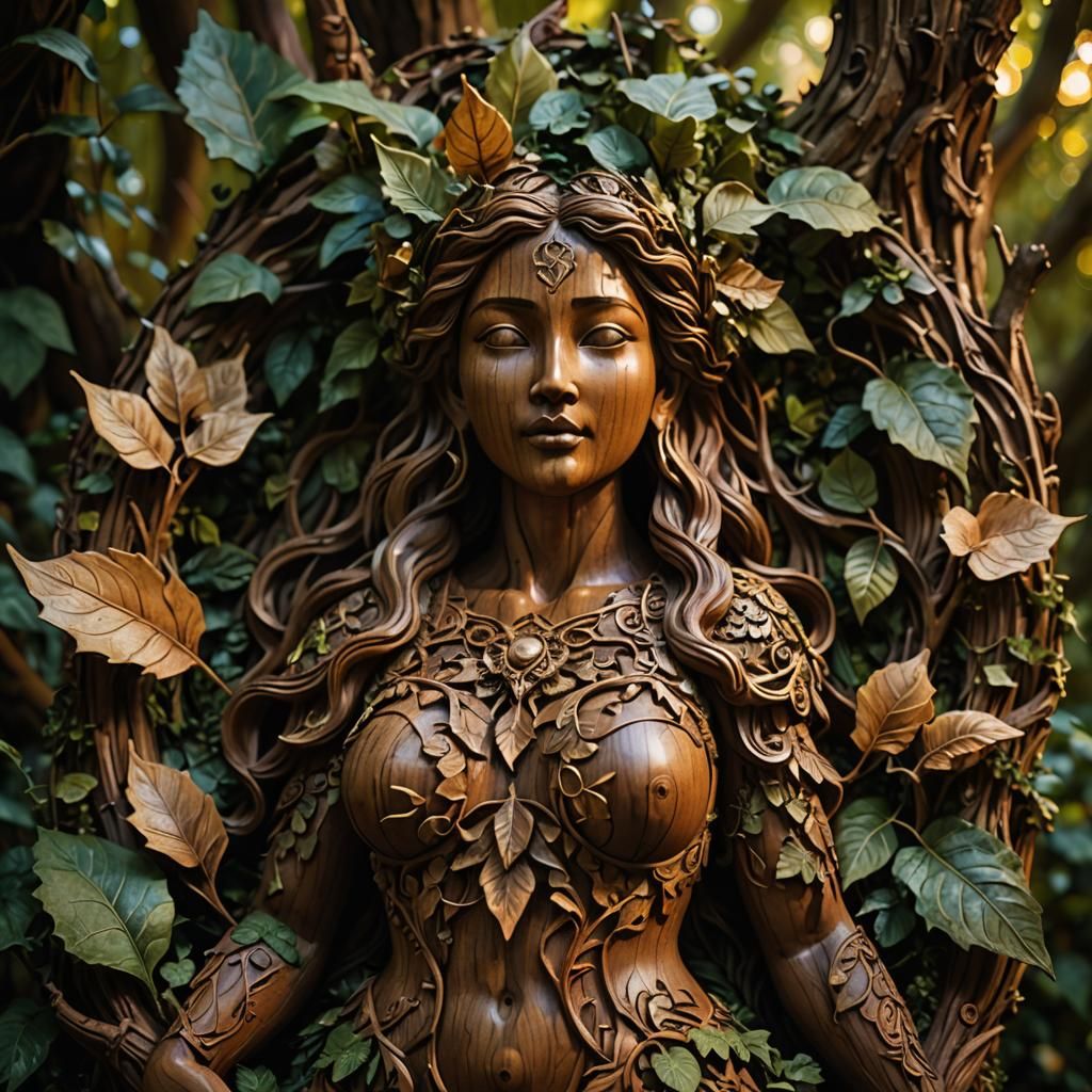 Ornate Wooden Carving of Gaia in Mystical Forest