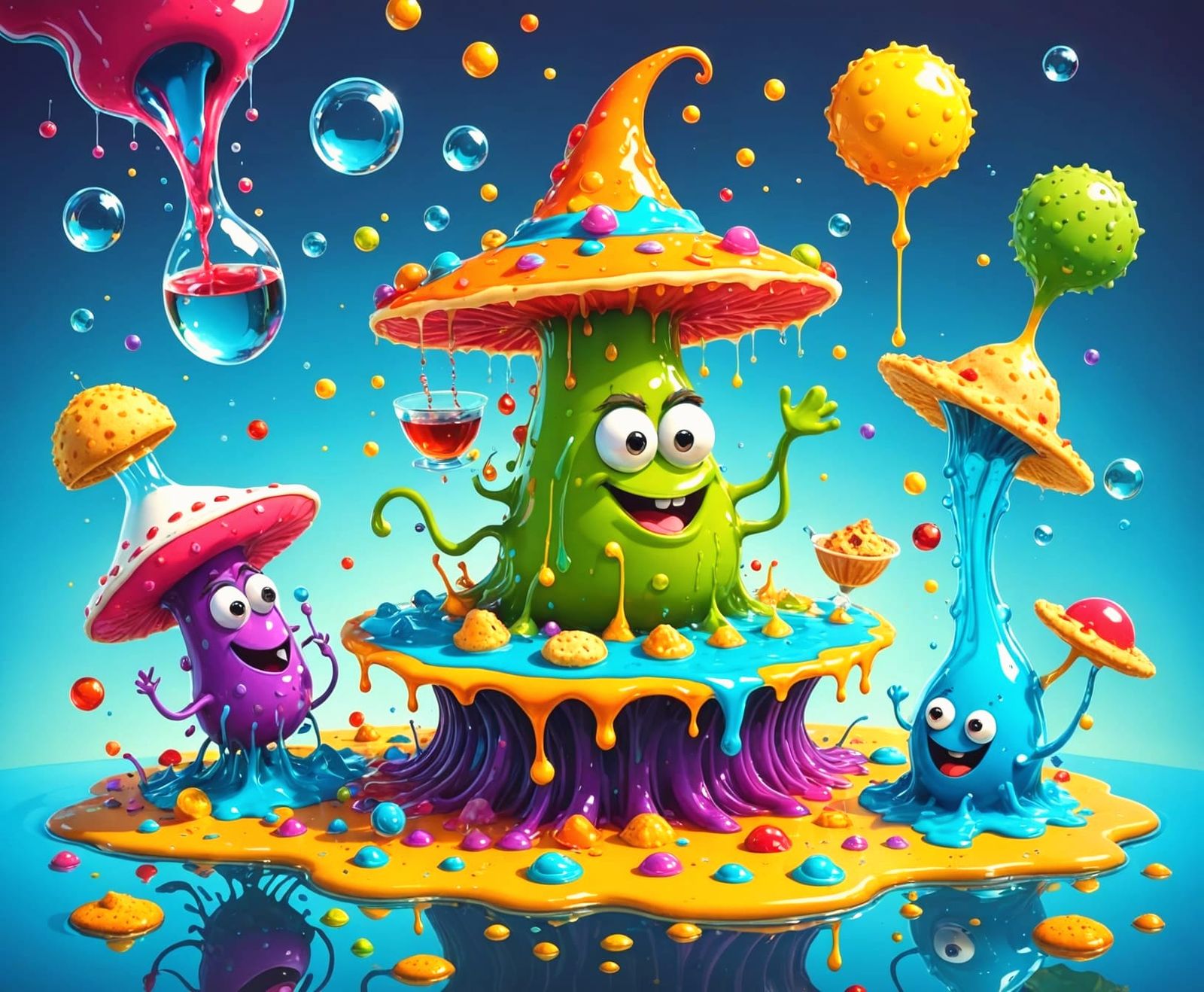 Goofy Amoebas Chaotic Tea Party in Water Droplet