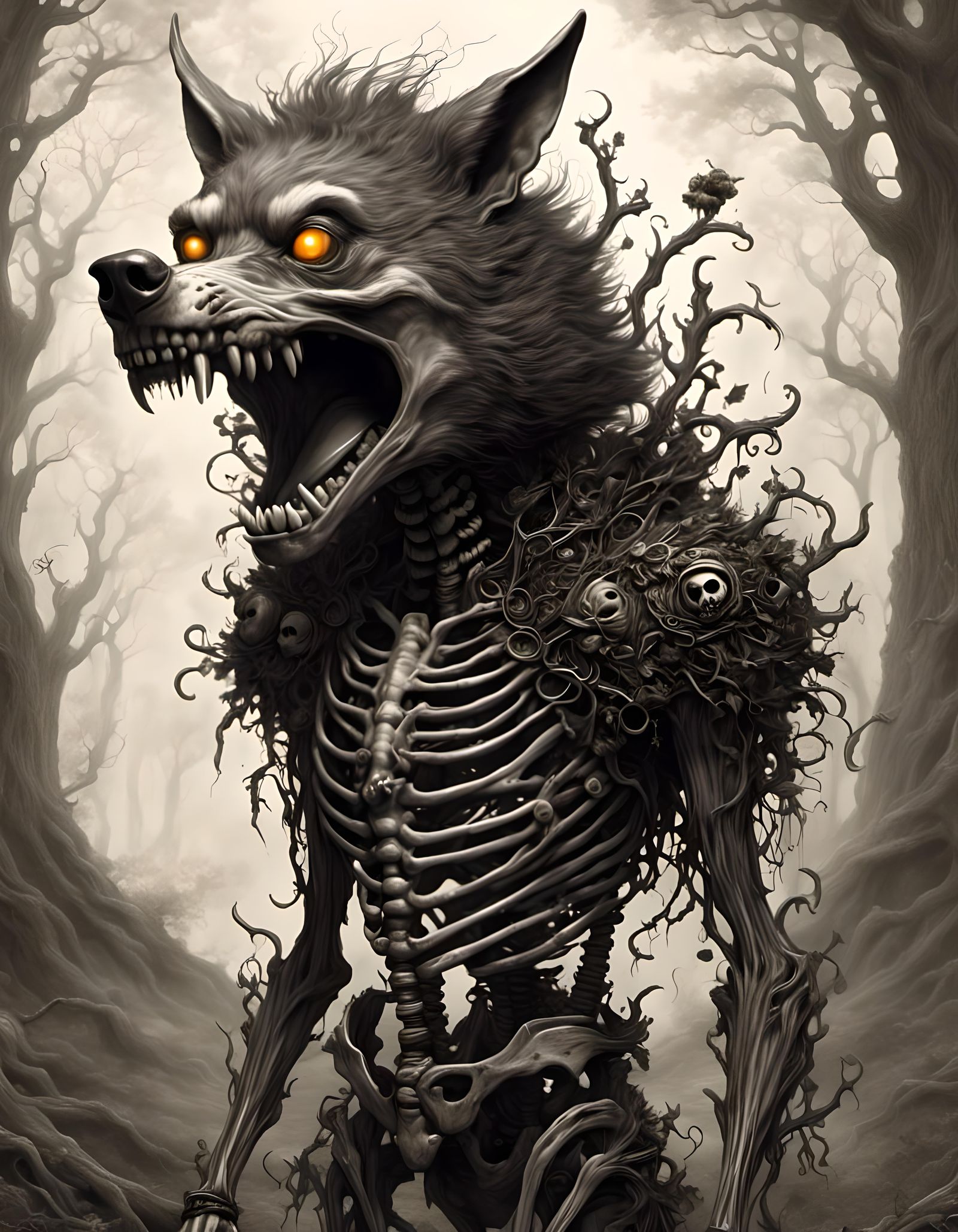 Skull Wolf in Dark Whimsical Forest
