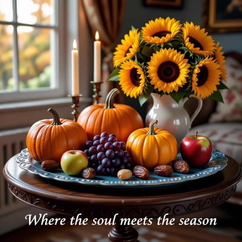 Hyperrealistic Still Life with Pumpkins, Grapes, and Sunflow...