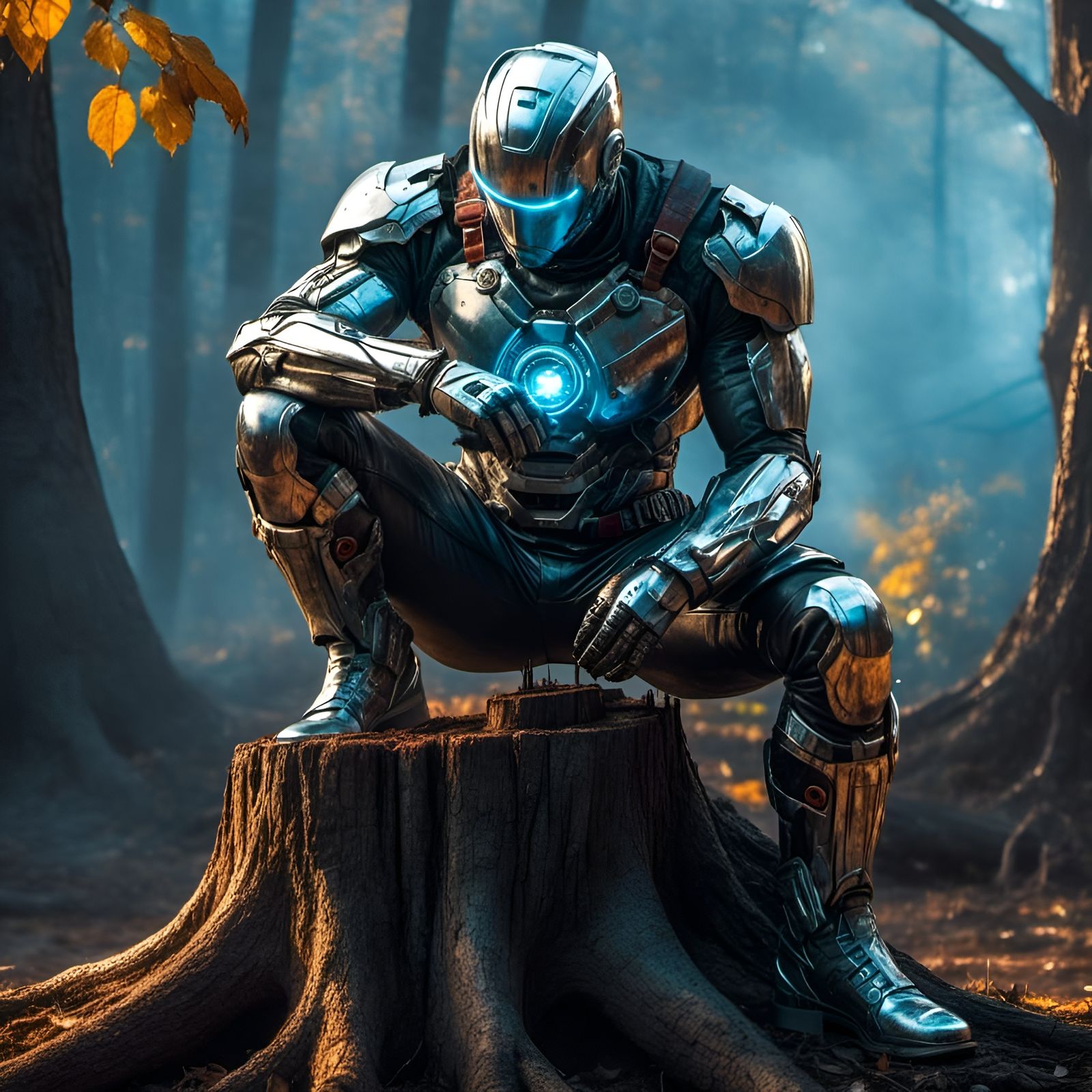 Cyborg Warrior Contemplates in Dystopian Sci-Fi Style