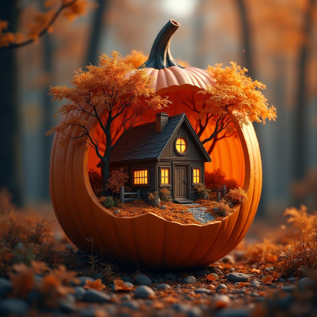 Tiny Cabin in Pumpkin Fall Forest, Matte Painting