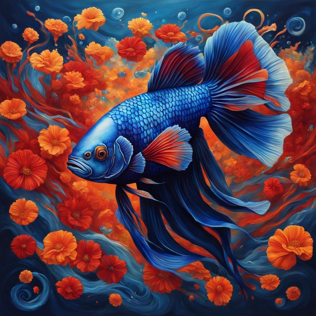 Surreal Beta Fish Swims Through Underwater Scene in Vibrant...