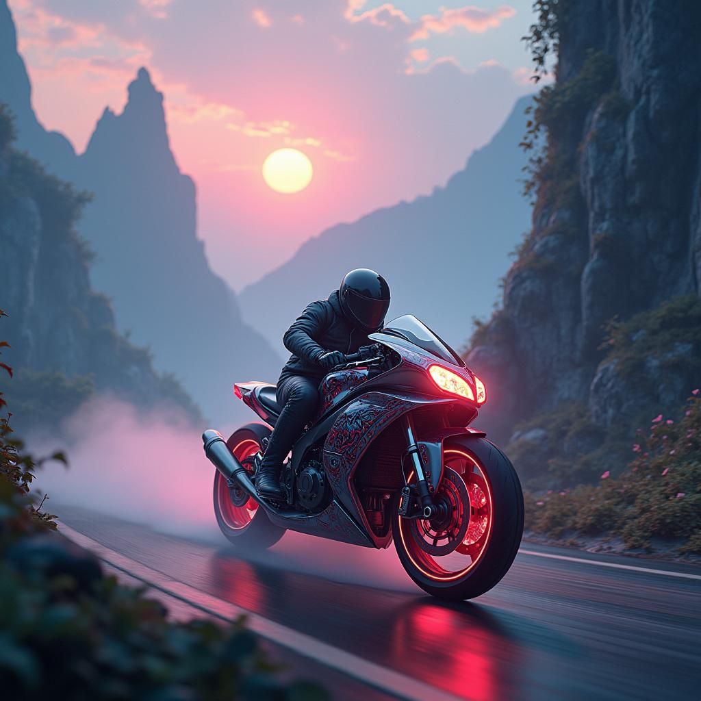 Futuristic Motorbike on Mountain Pass in Photorealistic Styl...
