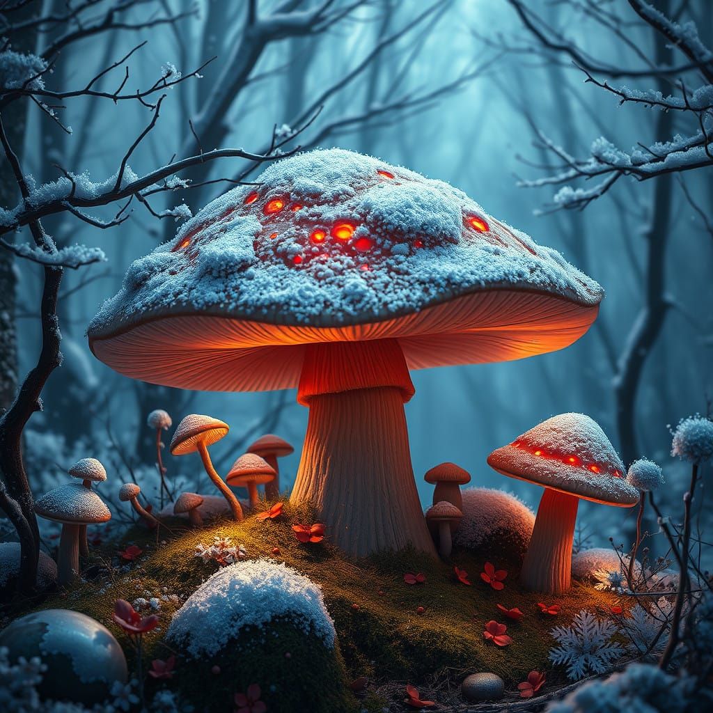 Winter Wonderland Fungi in a Snowy Forest Scene