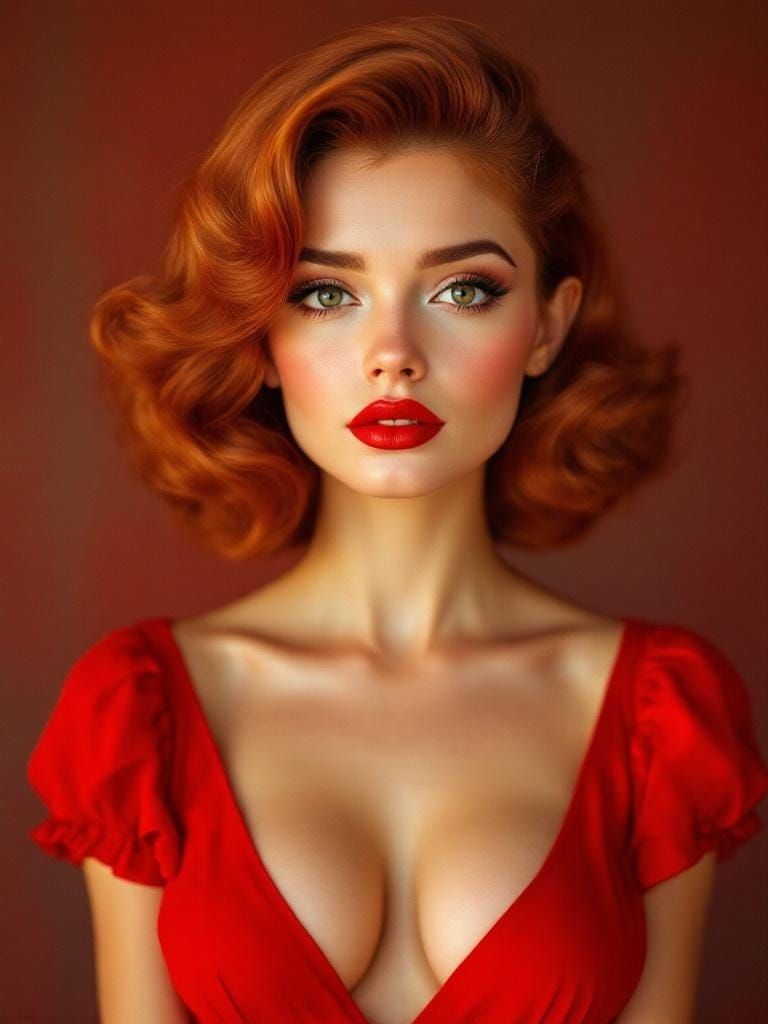 1950s Pin Up Woman in Red Dress with Warm Filter